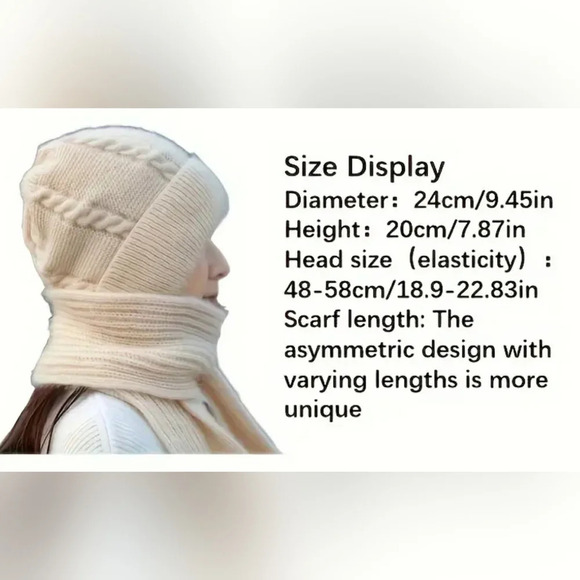 Knit Hat Attached Scarf Soft Stretch Pom Trim Women's S/L - Picture 2 of 2